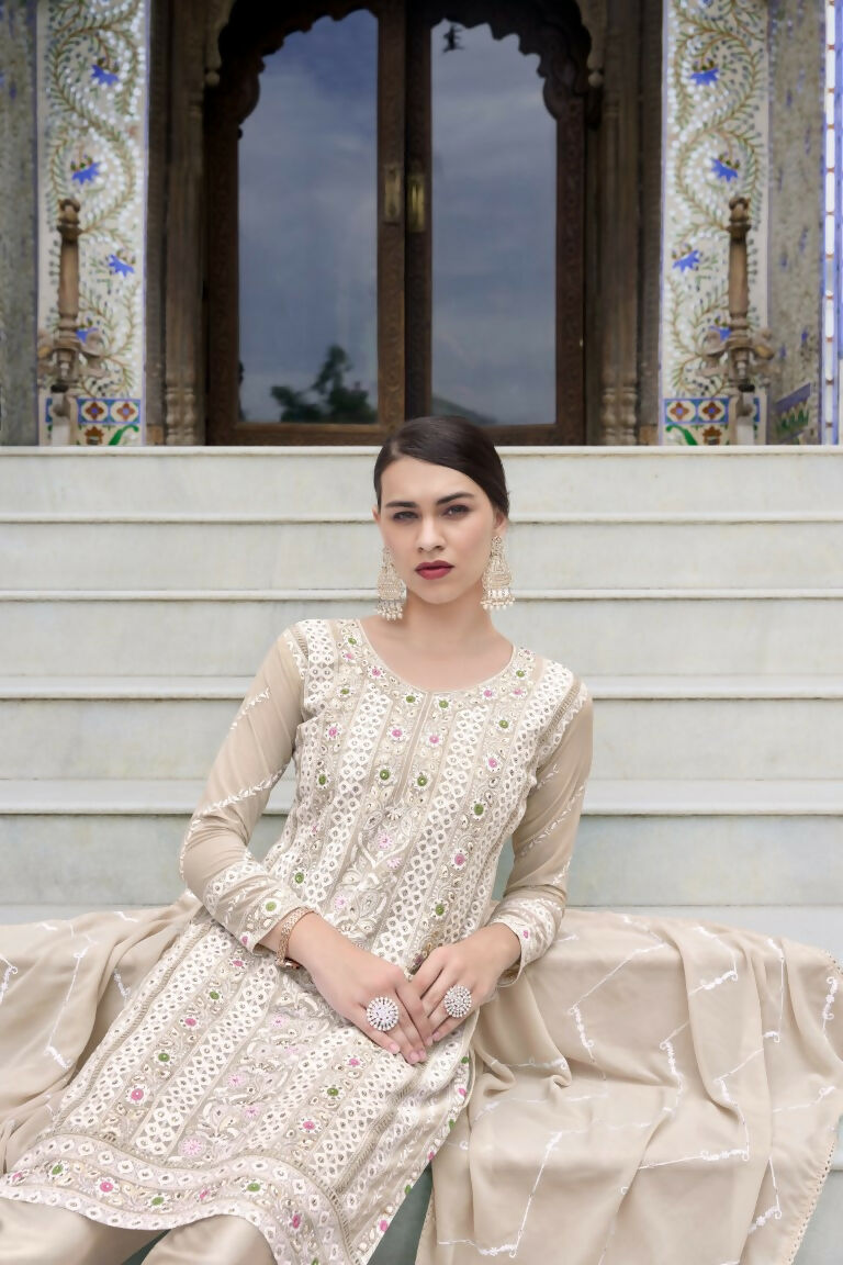 Jyoti Fashion Women's Beige Faux Georgette Heavy Embroidery and Moti Work Kurta Set | Swadesiicart