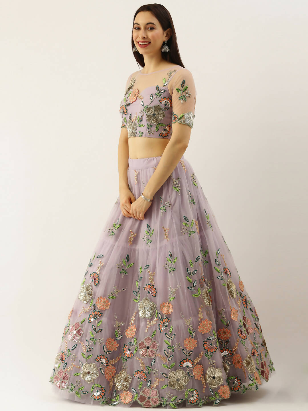 House of Panchhi Lavender - Net Embroidered Sequence Lehenga | Swadesiicart