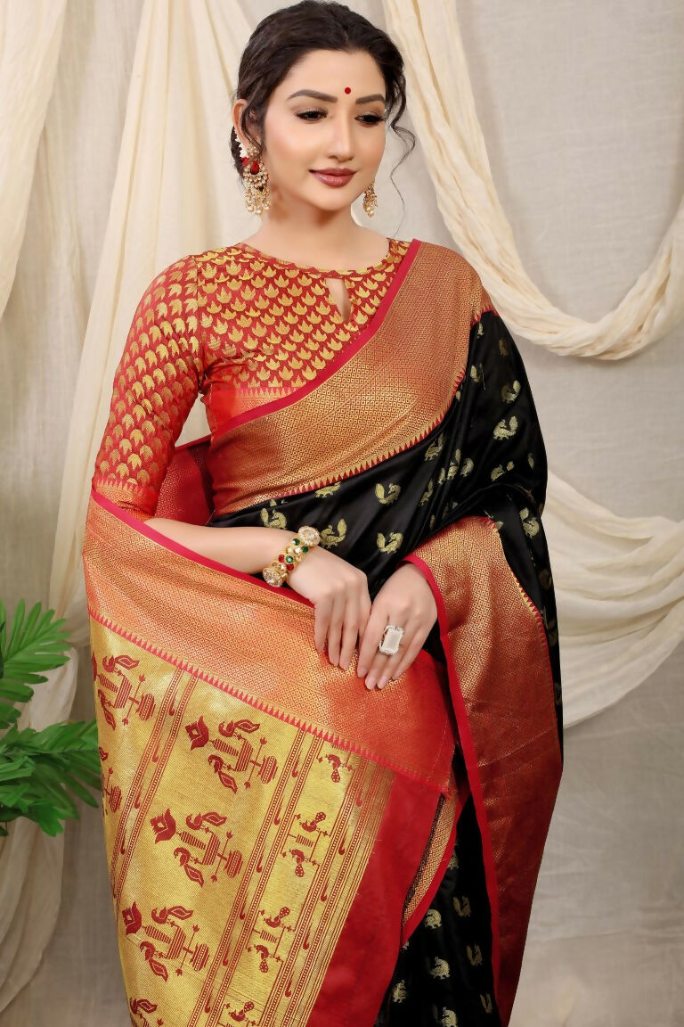 Jyoti Fashion Women's Black Banarasi Silk Zari Woven Saree with Blouse | Swadesiicart