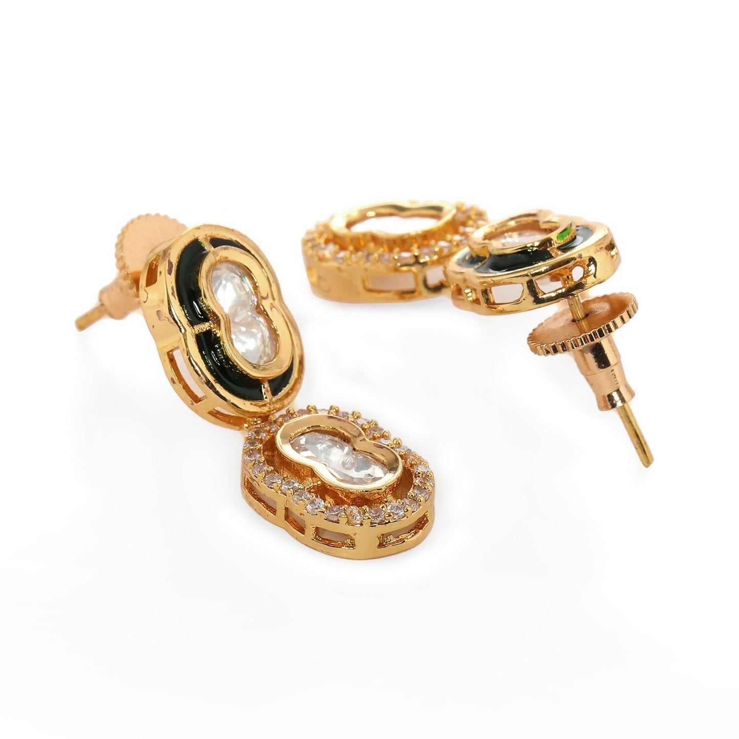 Duet Mufli Meenakari and Diamond Gold-Polished Earrings (Gold) - Ruby Raang | Swadesiicart