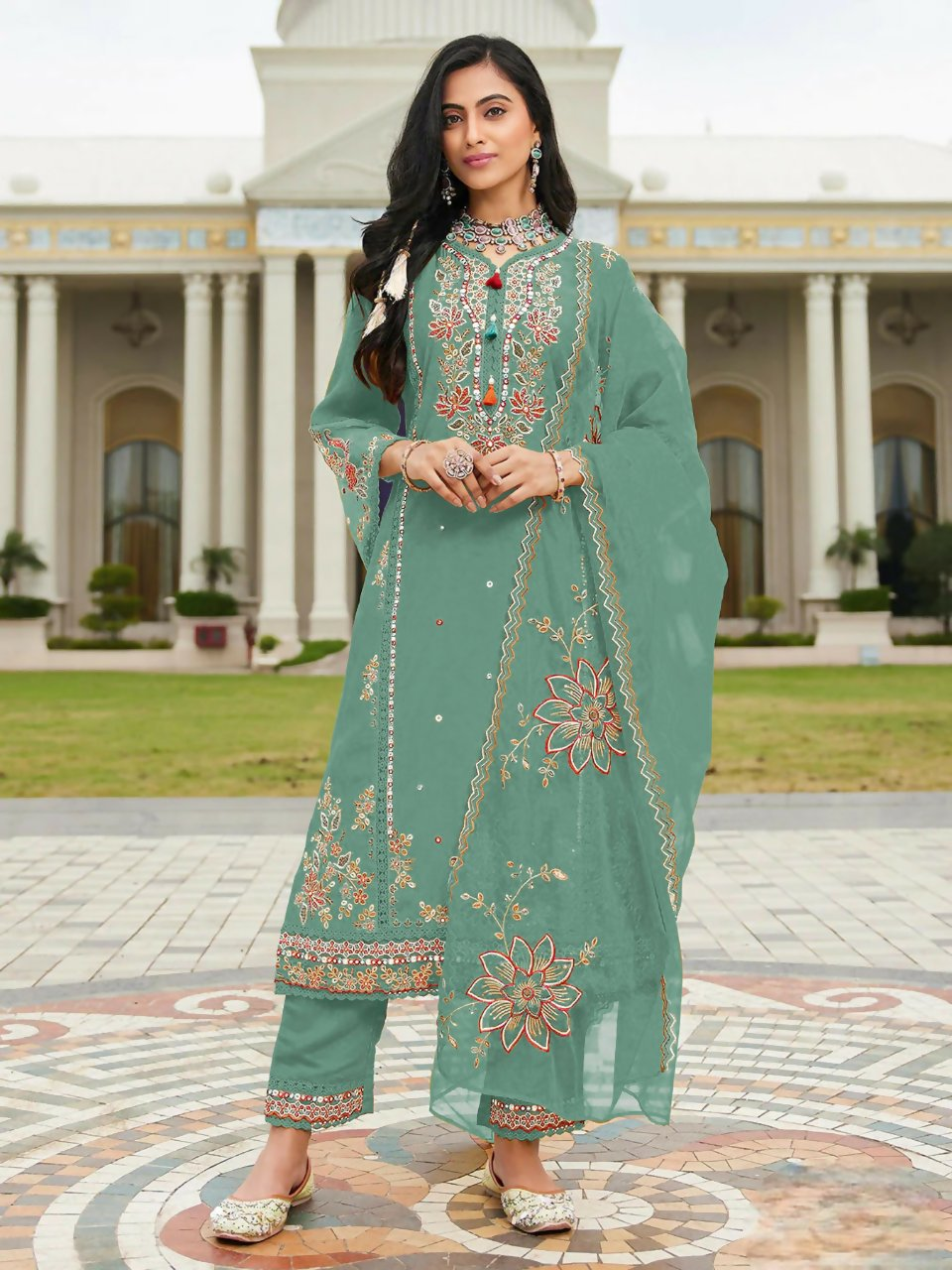 Anaita Sky Blue Cotton Stitched Suit with Embroidery Viscose Multi Thread Work
