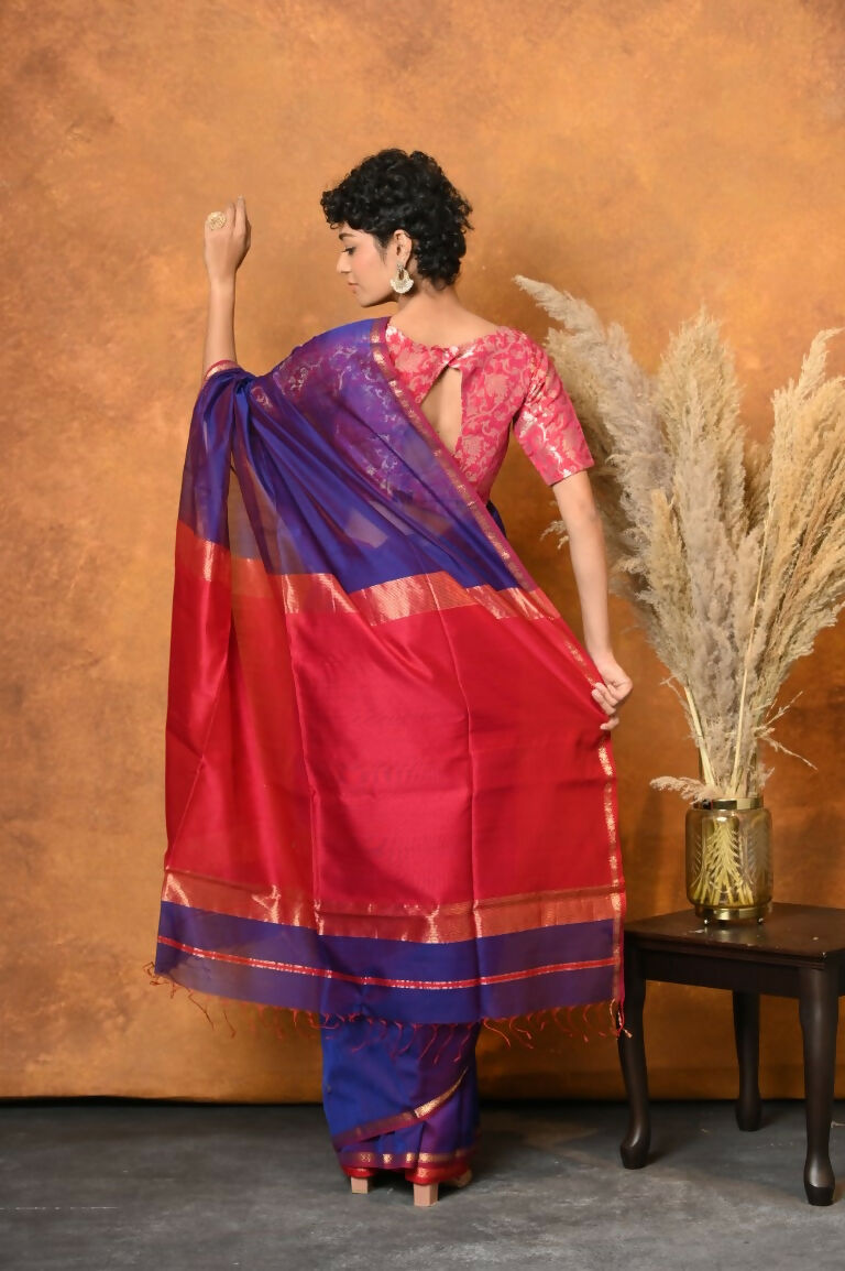Very Much Indian Handloom Pure Cotton Silk Saree With Sleek Golden Border - Indigo Blue | Swadesiicart