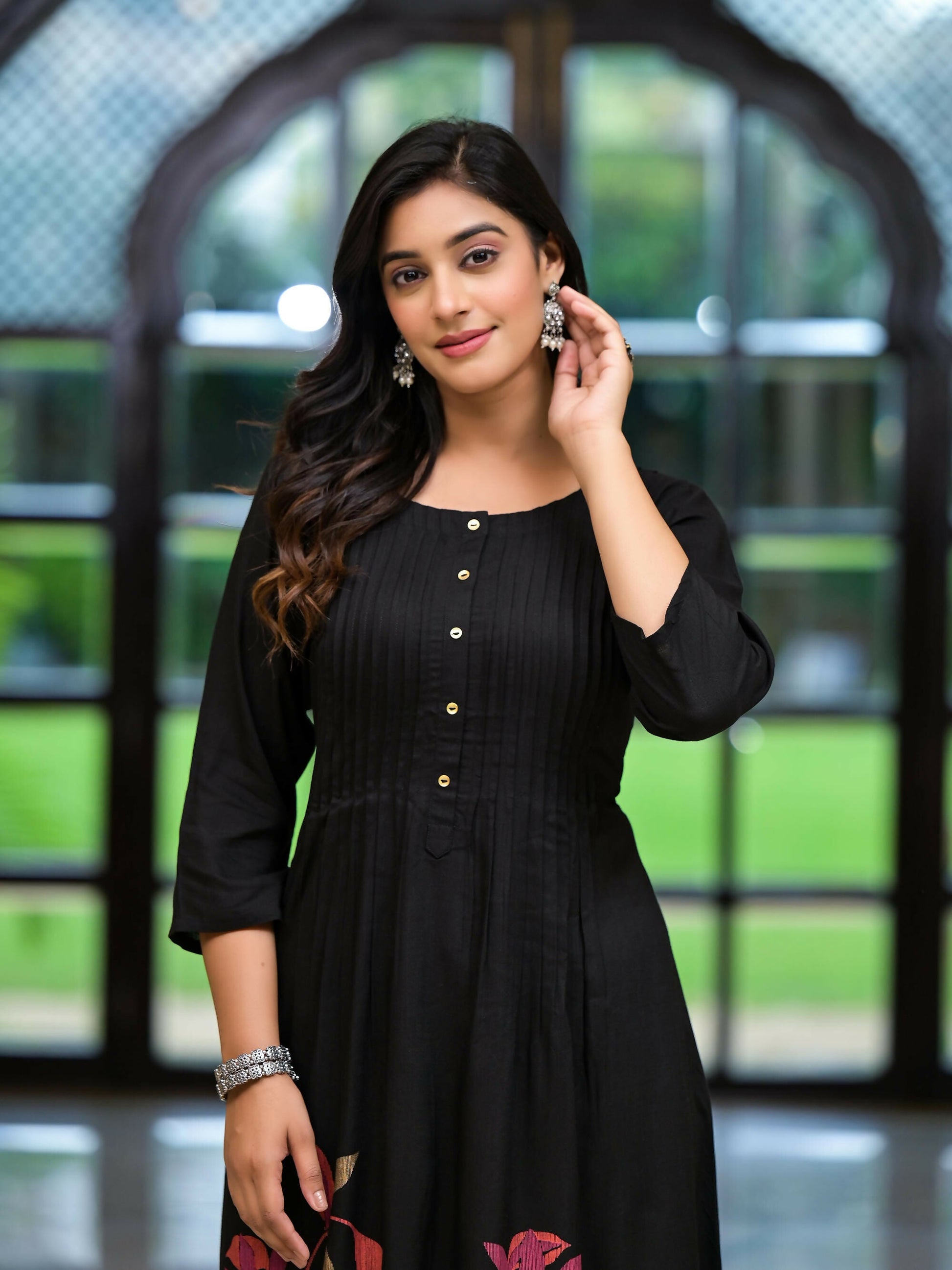 Juniper Women's Black Floral Printed Rayon Kurta With Button Closure - Swadesiicart