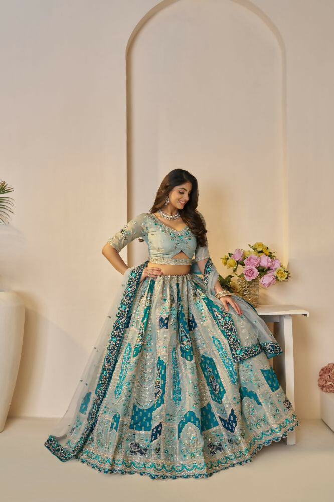 Kesar Fab Sky-Blue Banarasi Silk Embroidered Lehenga | Swadesiicart