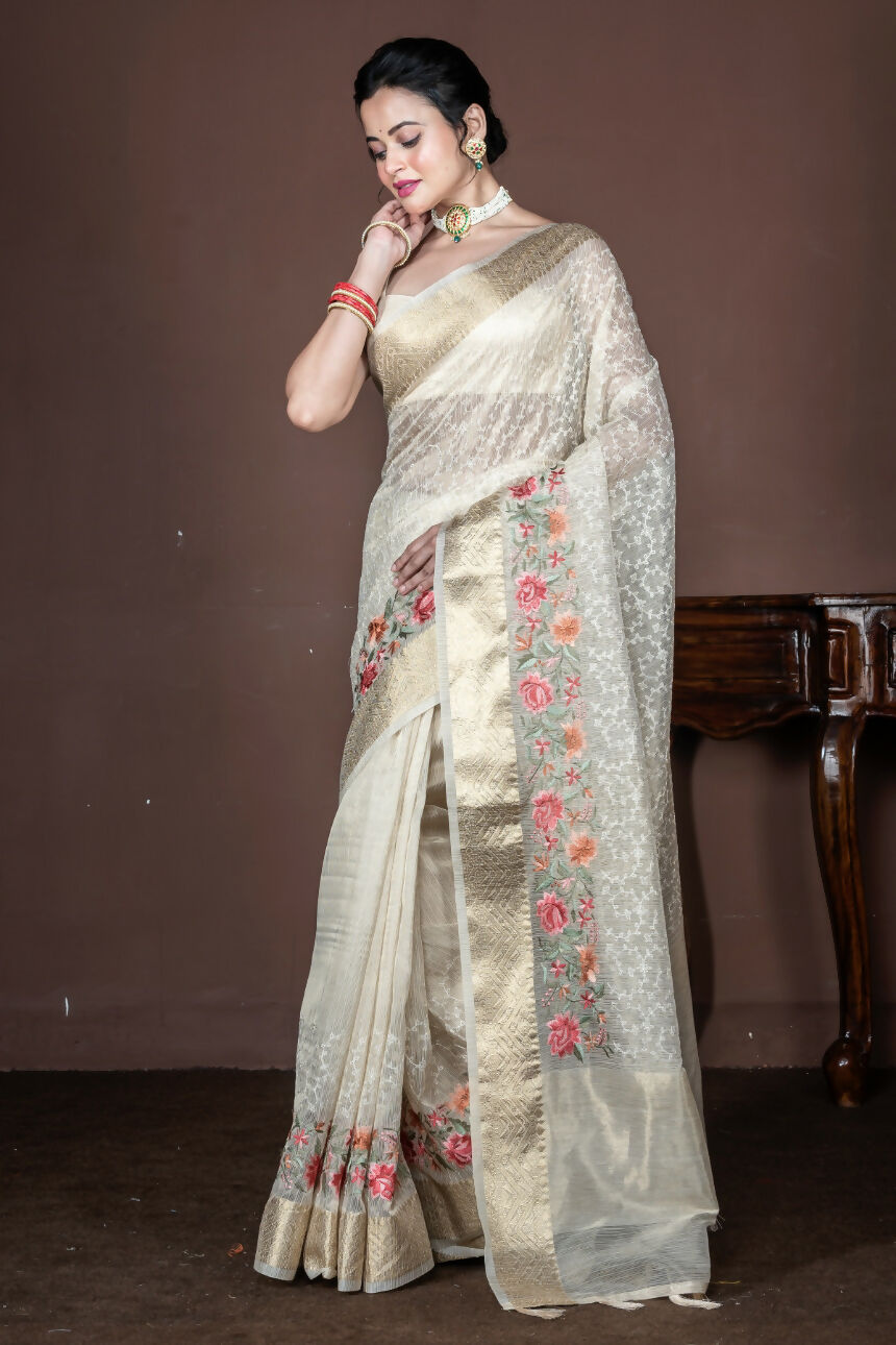 Morchari Beige Banarasi Tissue Computer Embroidery Saree Unstitched Blouse | Swadesiicart