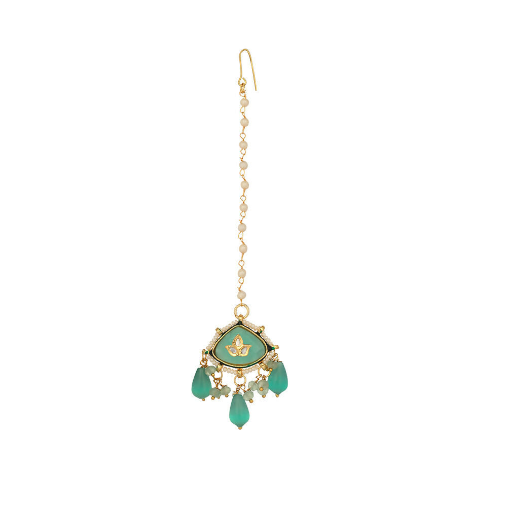 Nuyug 22K Gold Plated Lush Green Maang Tikka & Earrings Set | Swadesiicart