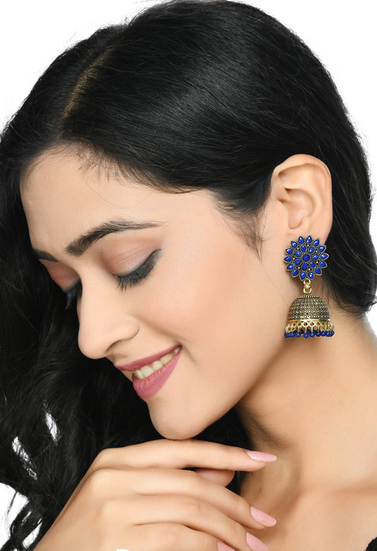 Mominos Fashion Johar Kamal Kundan Work Jhumka With Blue Beads For Women - Swadesiicart