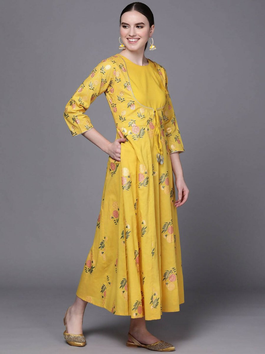 Ahalyaa Women Yellow Floral Fit & Flare Maxi Ethnic Dress | Swadesiicart