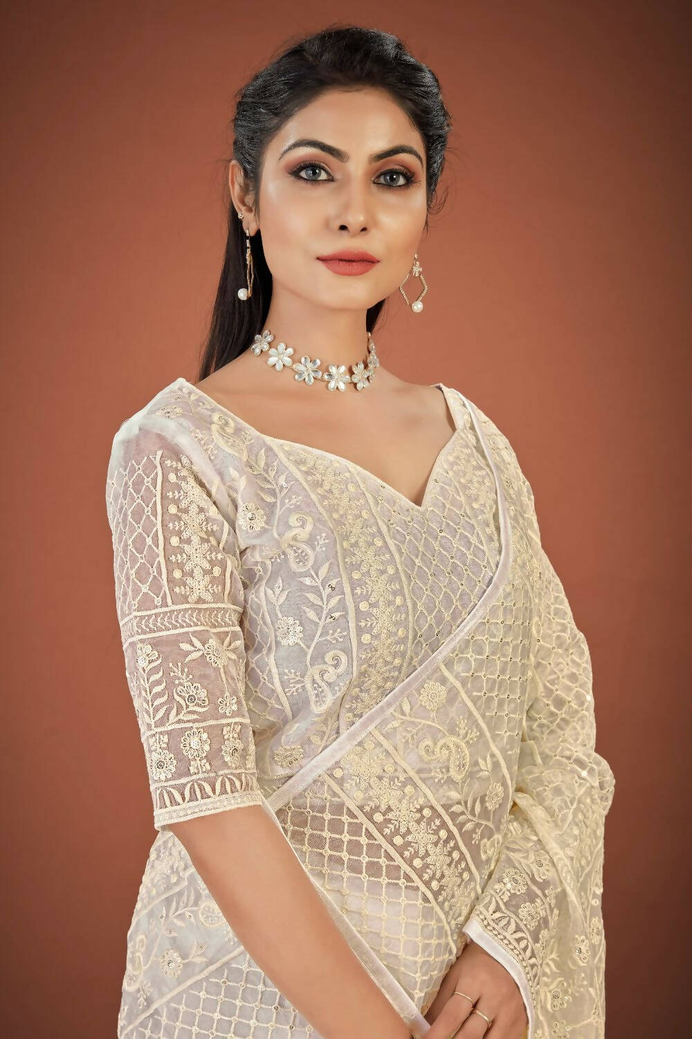Vamsee White Organza Saree - Swadesiicart