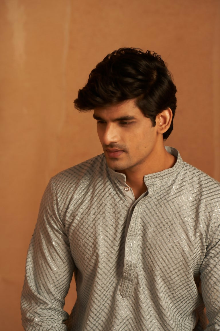 Grey viscose Chikankari Embroidery Work Men's Traditional Kurta Set - Mahotsav | Swadesiicart