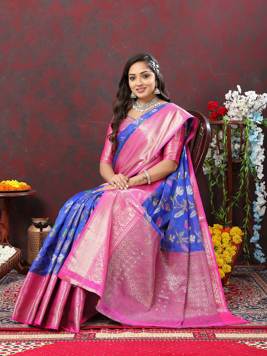Lorenvalley Fashion Blue Cotton Woven Design Zari Meenakari Weaving Saree - Swadesiicart