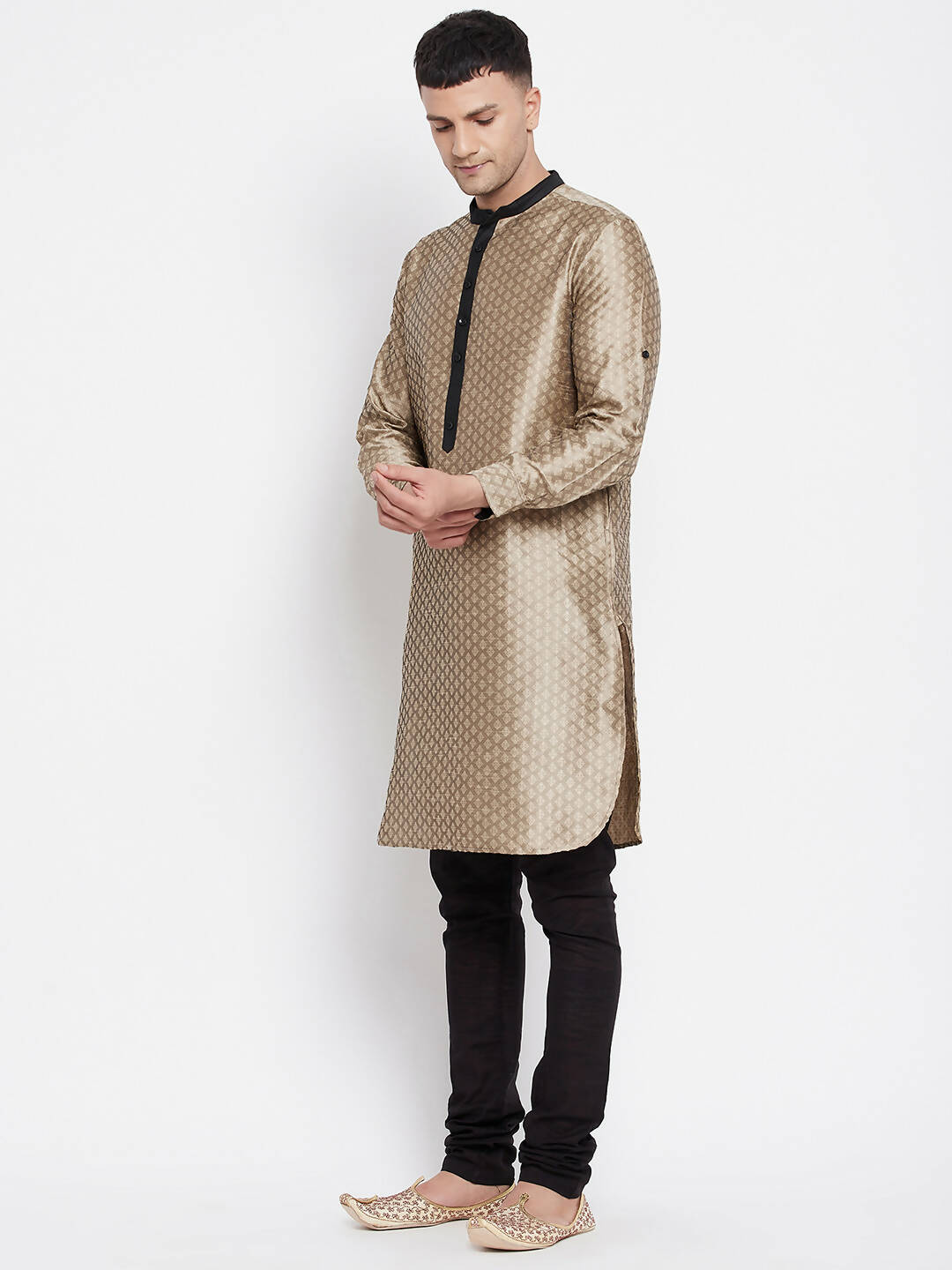 Even Apparels Beige Art Silk Men's Kurta With Contrast Collar And Placket | Swadesiicart