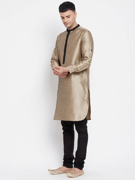 Even Apparels Beige Art Silk Men's Kurta With Contrast Collar And Placket | Swadesiicart
