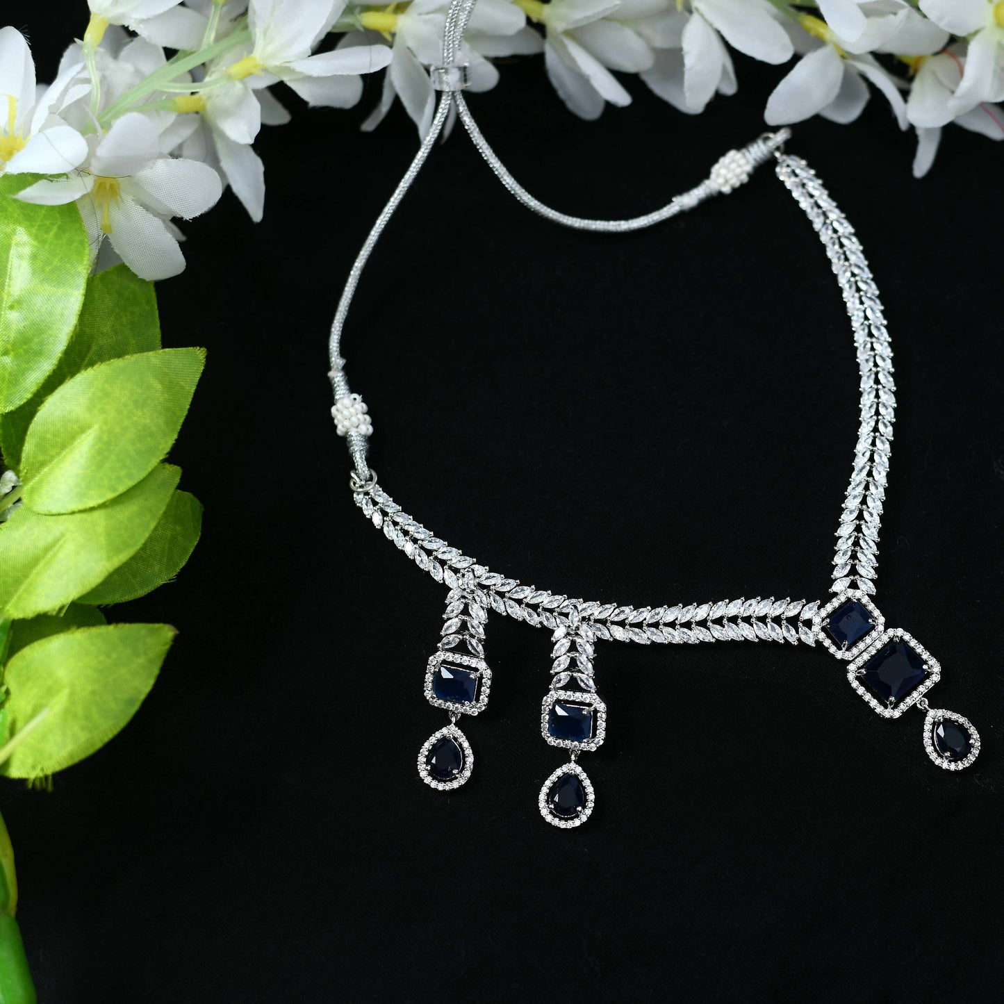 Mominos Fashion Johar Kamal Silver-Plated American Diamond Navy Blue Choker Set | Swadesiicart