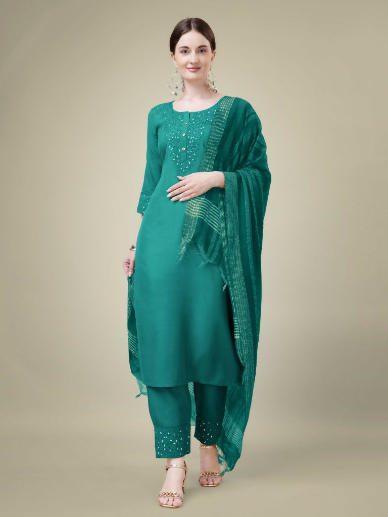 Jyoti Fashion Women's Teal Cotton Blend Embroidery & Sequence work Kurta with Trouser & Dupatta | Swadesiicart