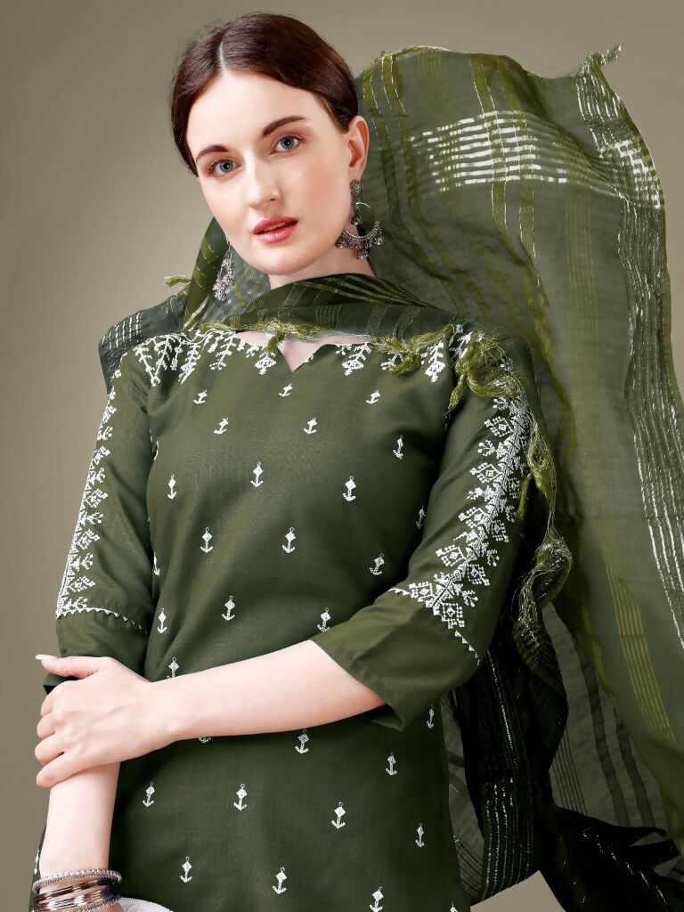 Jyoti Fashion Women's Dark Green Cotton Blend Embroidery & Sequence work Kurta with Trouser & Dupatta | Swadesiicart