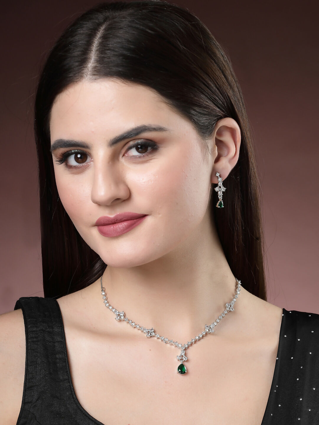 NVR Women's Silver-Plated Green American Diamond Studded Jewellery Set - Swadesiicart