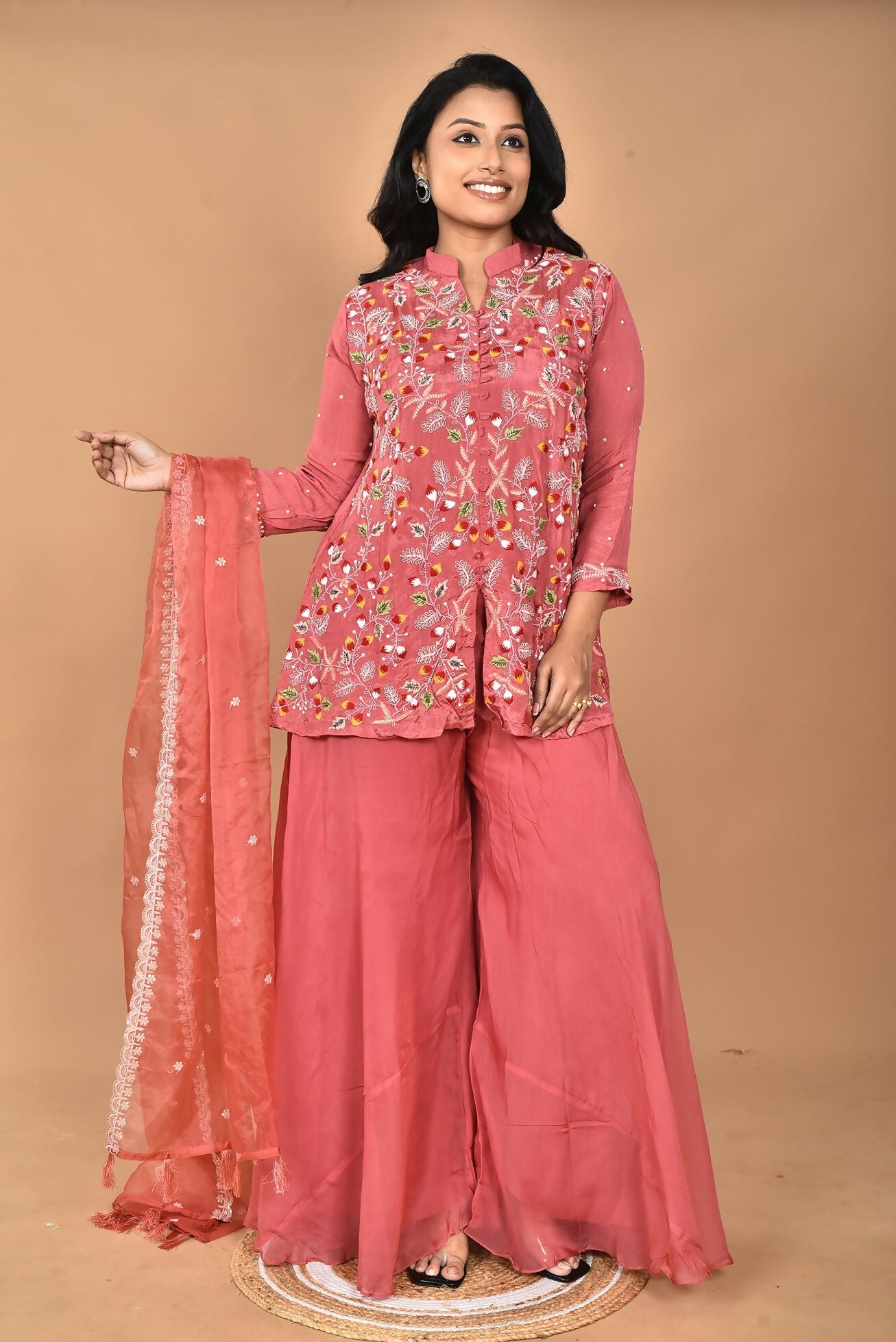 Morchari Women And Hand Embroidery Palazzo Set-Rust - Swadesiicart