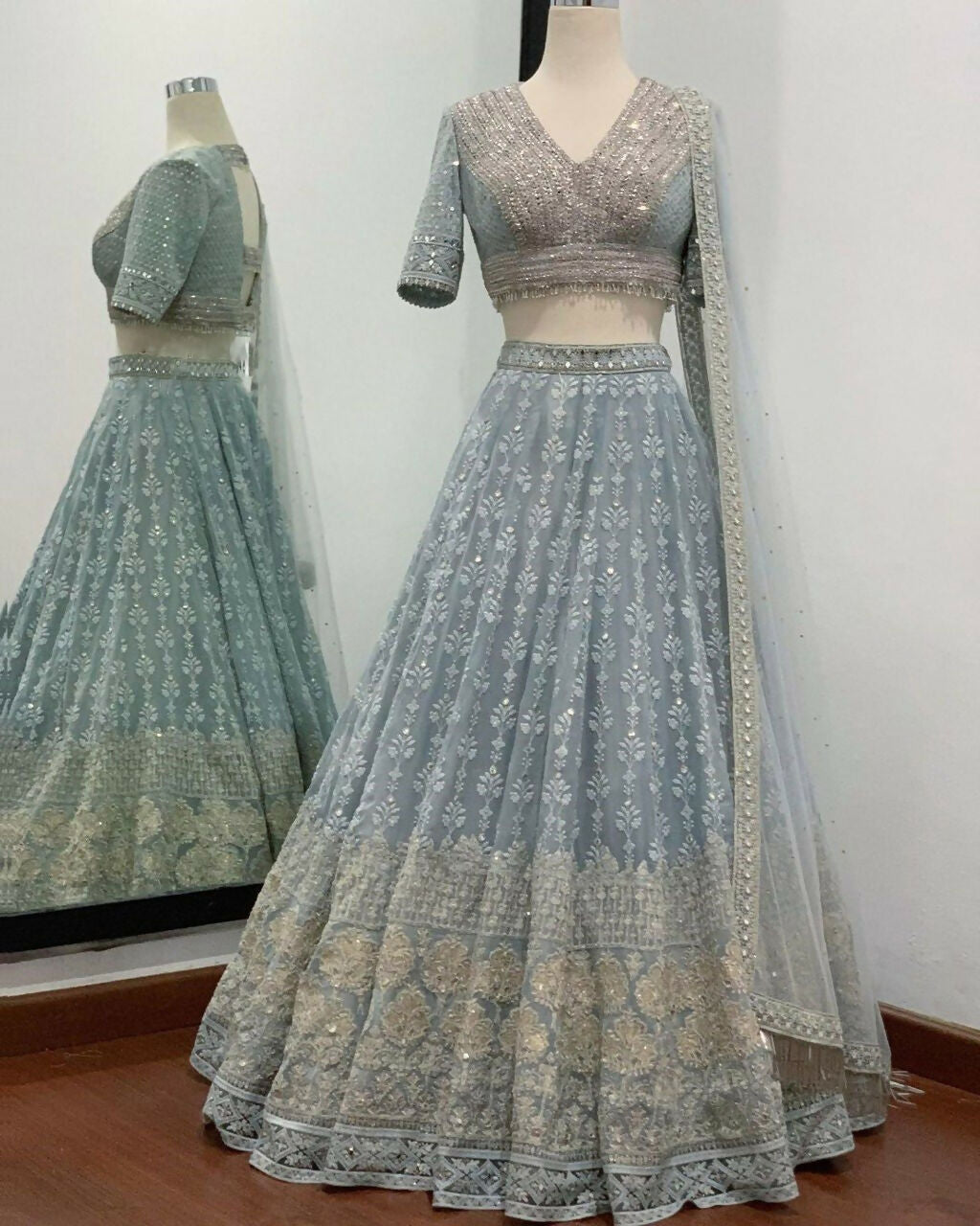 Jyoti Fashion Mesmerizing Grey Faux Georgette 3MM Sequins with Thread & Jari Embroidery Lehenga Choli with Dupatta | Swadesiicart