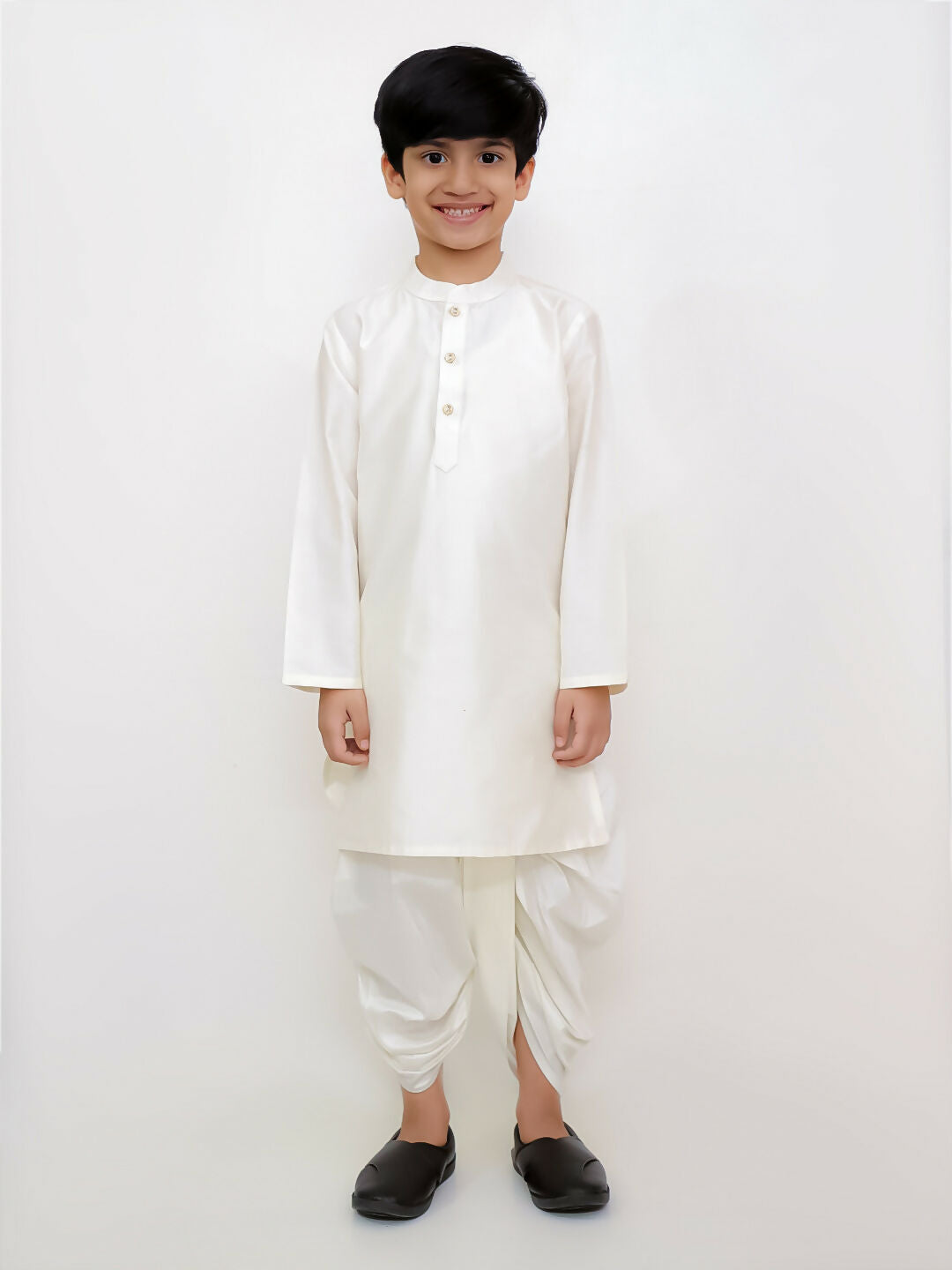 Lil Drama Genda Phool White Kurta and Dhoti with Mustard Jacket Set for Boys | Swadesiicart
