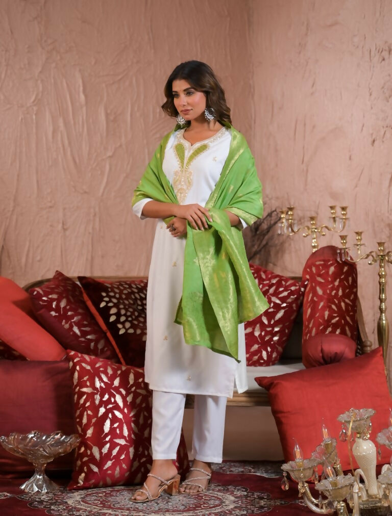 Ethnic Festive Wear Viscose blend Off White Stitched Suit With Dupatta - Tanisha | Swadesiicart