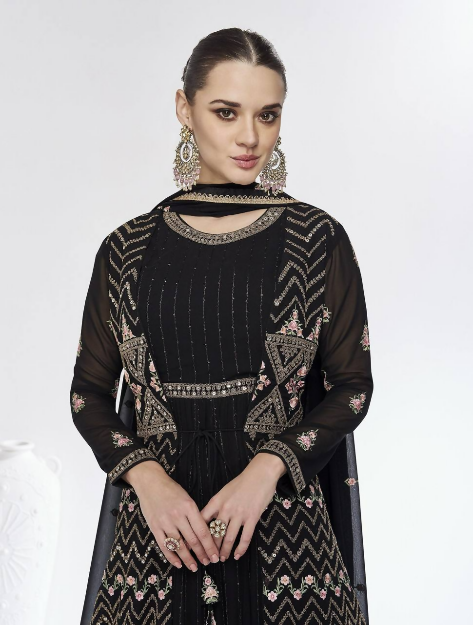 Lorenvalley Fashion Black Faux Georgette Embroidery Work Gown Jacket Stitched | Swadesiicart