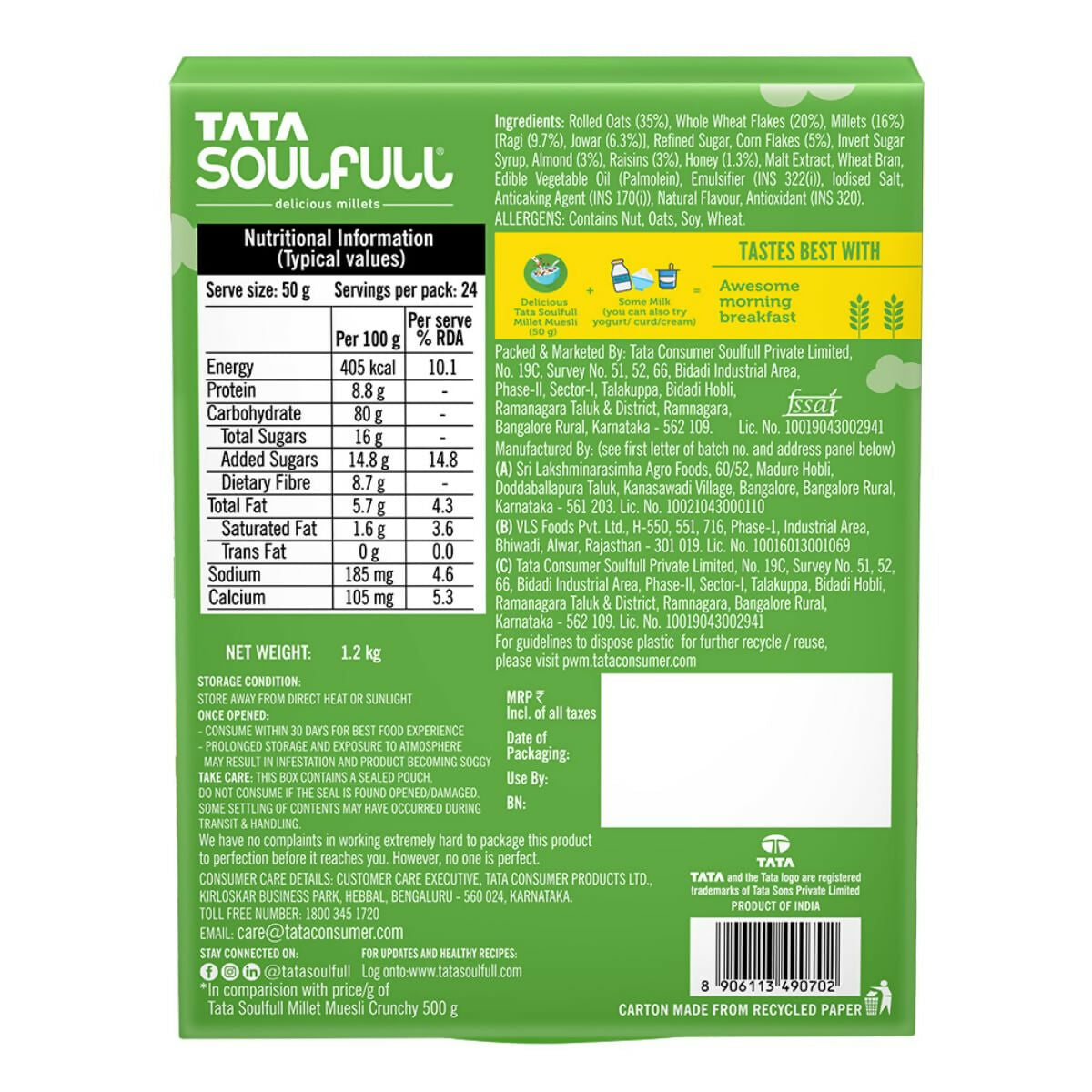 Tata Soulfull Millet Muesli Crunchy Breakfast Cereals - Swadesiicart