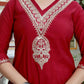 Miravan Women's Embroidered Pure Silk Red Kurta with Palazzo and Dupatta - Swadesiicart