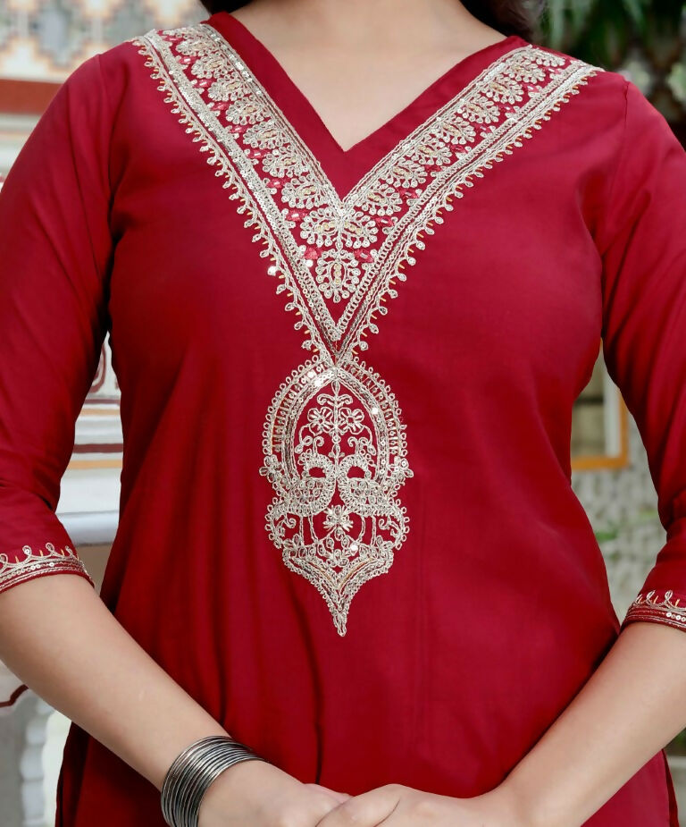 Miravan Women's Embroidered Pure Silk Red Kurta with Palazzo and Dupatta - Swadesiicart