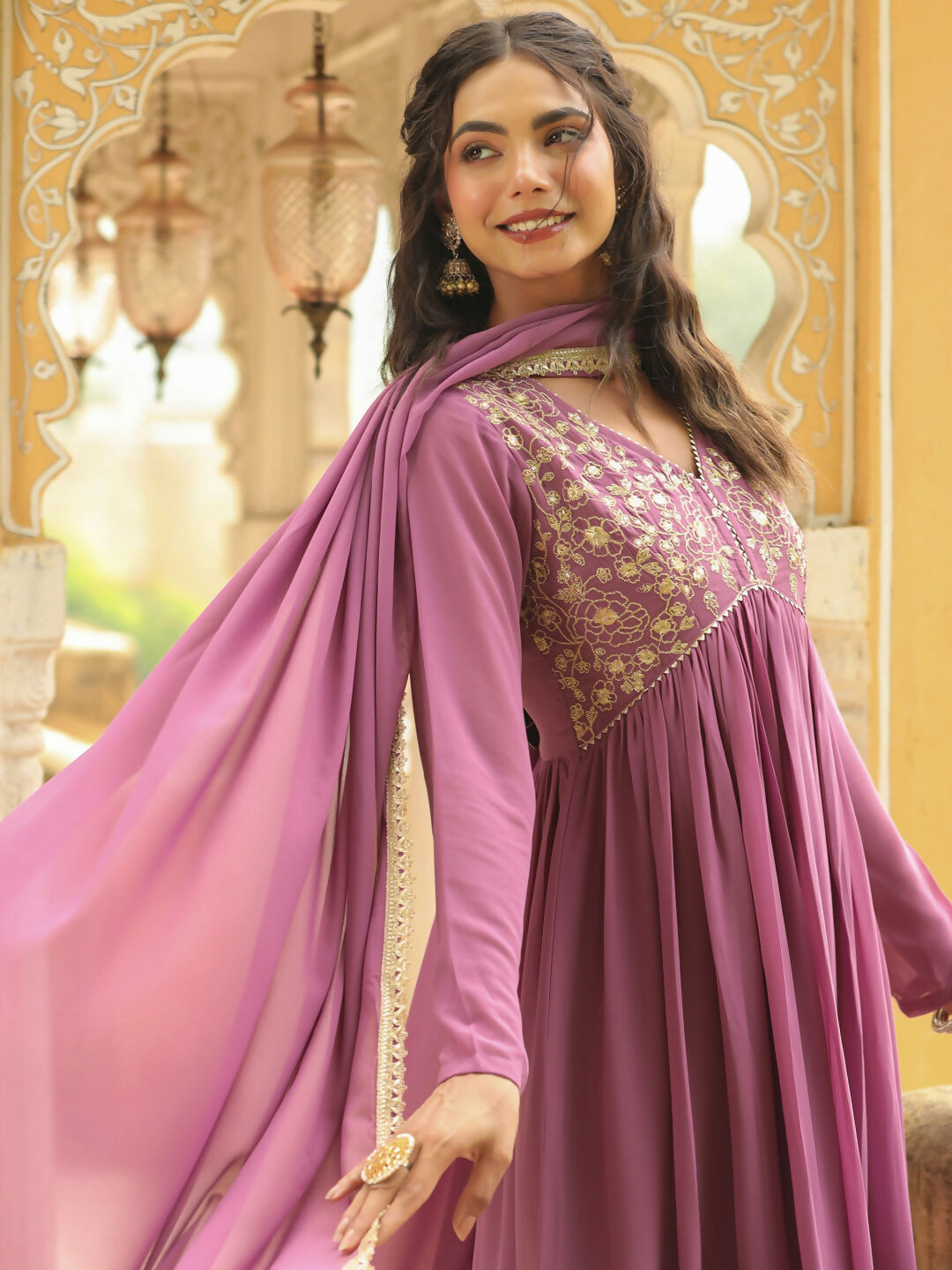 Janasya Lavender Georgette Yoke Embroidery Kurta,Bottom & Dupatta | Swadesiicart