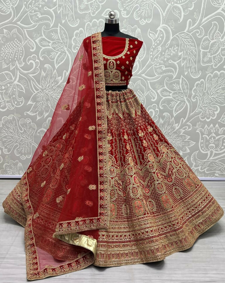 Jyoti Fashion Women's Red Velvet Multi Thread Embroidered with Zircon Diamond Wedding Lehenga Choli | Swadesiicart