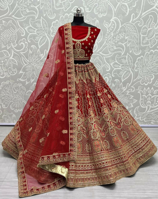 Jyoti Fashion Women's Red Velvet Multi Thread Embroidered with Zircon Diamond Wedding Lehenga Choli | Swadesiicart