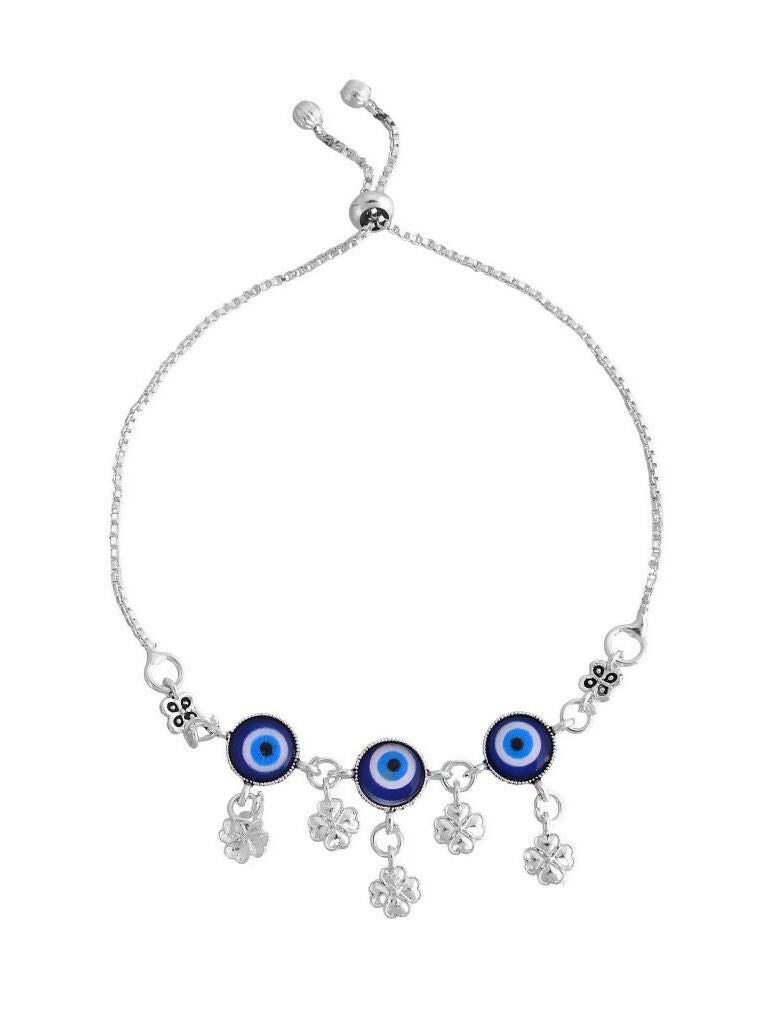 VOJ Set Of 2 Silver Plated Evil Eye Handcrafted Anklets - Swadesiicart