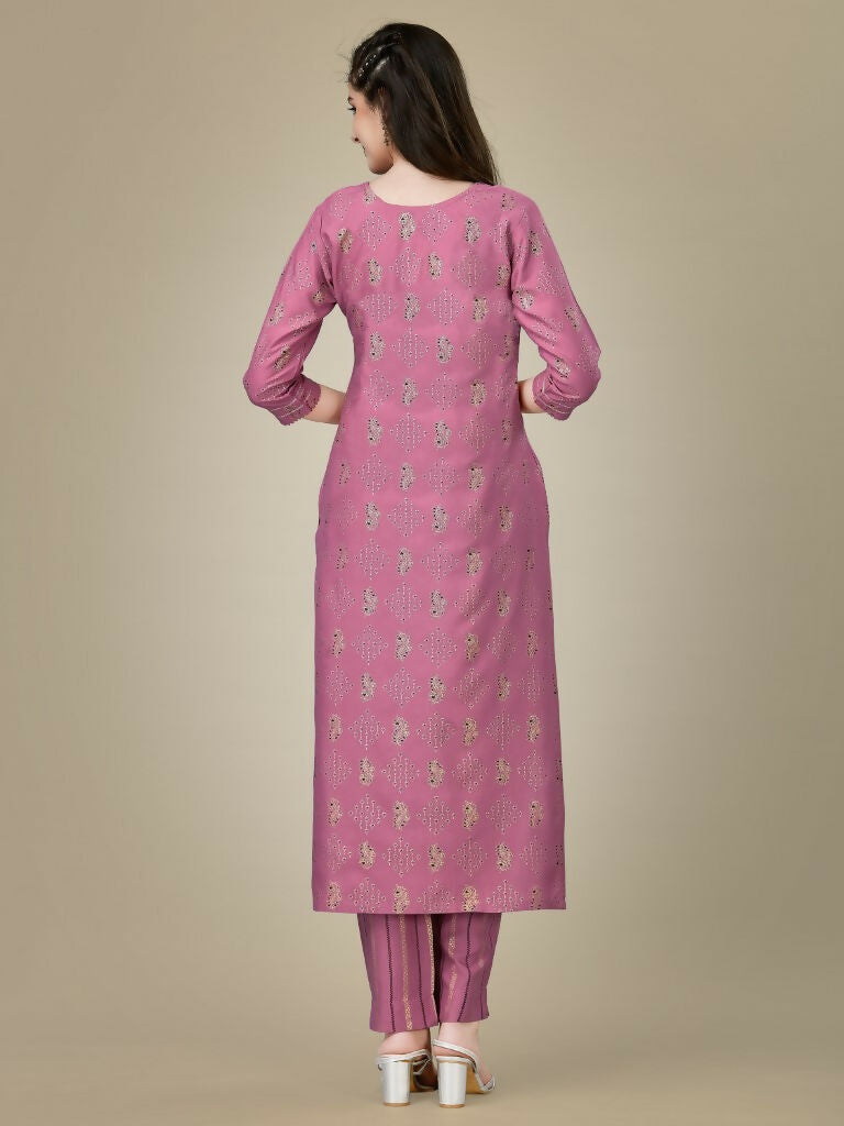 Jyoti Fashion Women's Purple Rayon Embroidered Kurta Pant Set | Swadesiicart