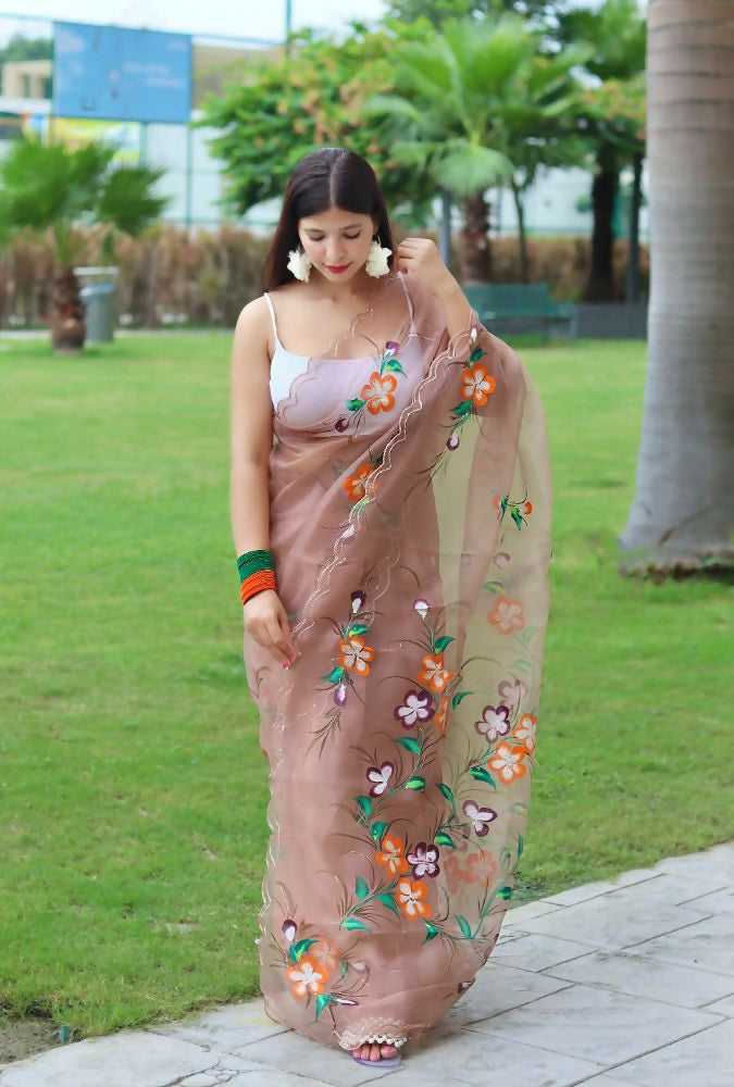 Vamsee Urmila Brown Organza Saree - Swadesiicart