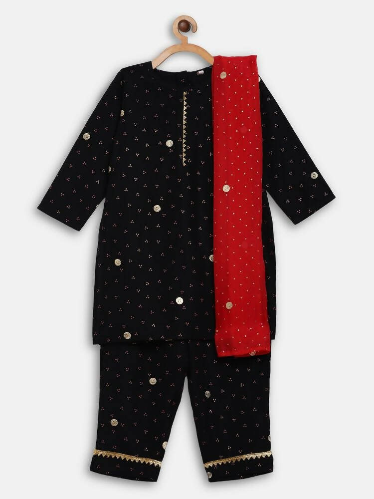 Ahalyaa Black Crepe Kids Kurta Pants With Dupatta For Girls | Swadesiicart
