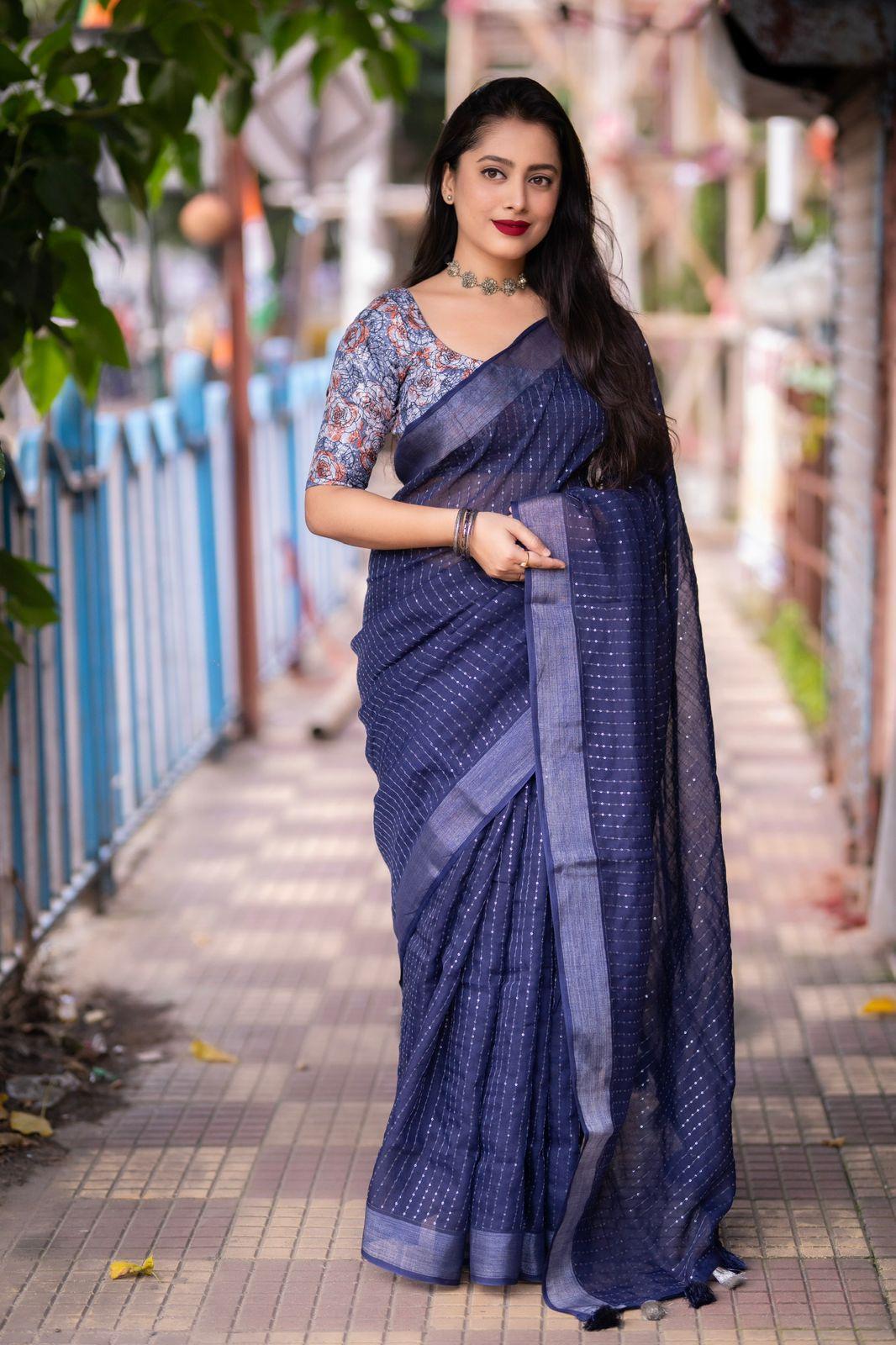 Blue Linen Sequence Saree with Unstitched Blouse - Hiral Fashion | Swadesiicart