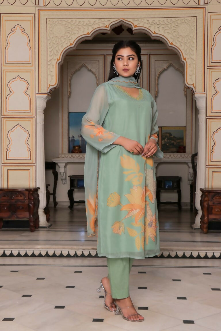 Vaasva Women Teal Green Tabby Slik Print & Embroidered Kurta, Pant & Dupatta set | Swadesiicart