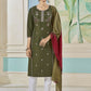 Jyoti Fashion Women's Mehendi Pure Viscose Weaving Stripe with Embroidery Kurta Set | Swadesiicart