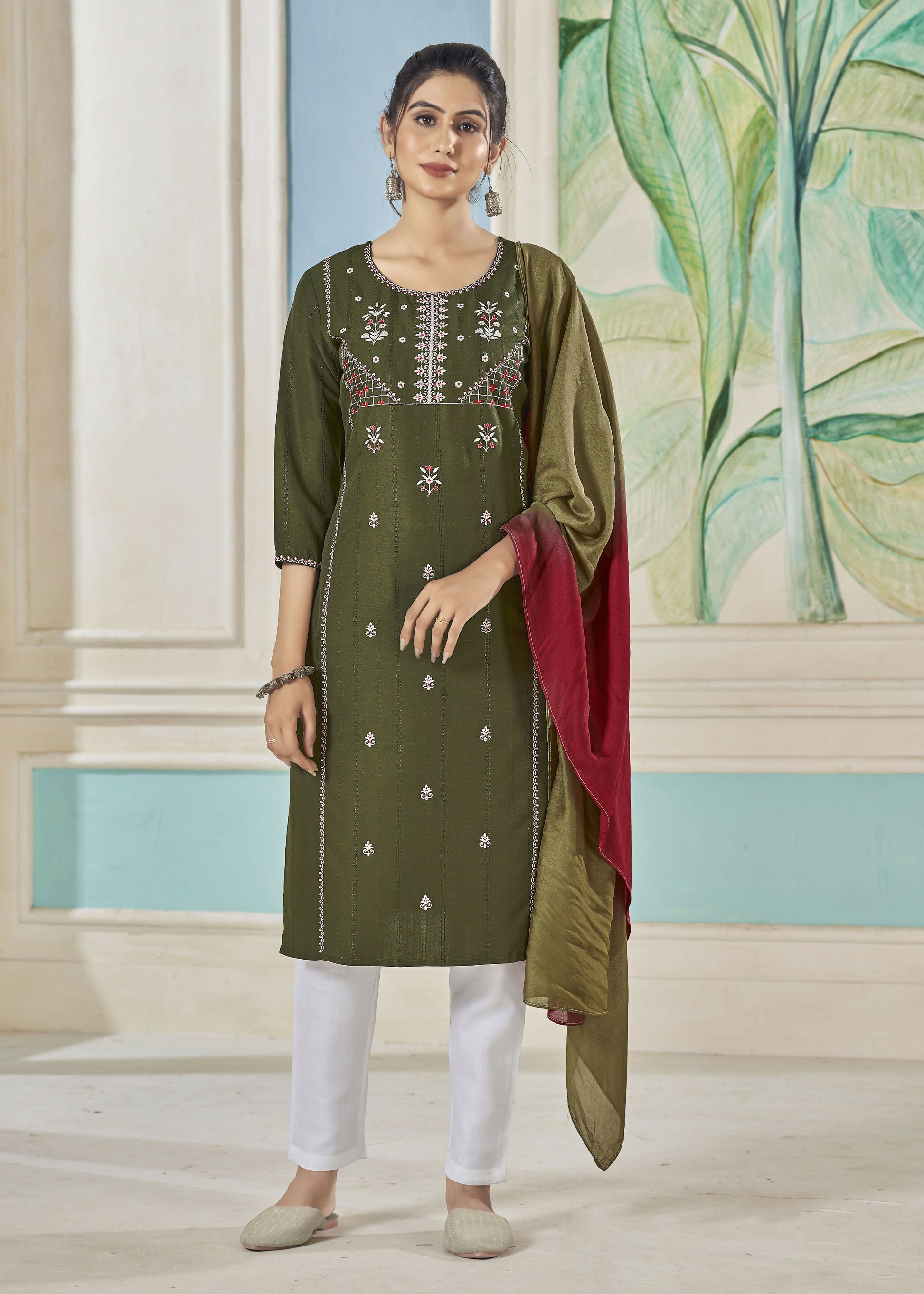 Jyoti Fashion Women's Mehendi Pure Viscose Weaving Stripe with Embroidery Kurta Set | Swadesiicart