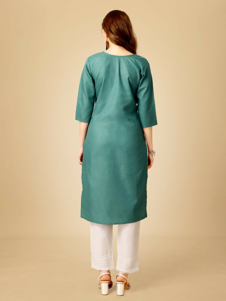Jyoti Fashion Women's Teal Cotton Blend Embroidered Kurta Pant Set | Swadesiicart
