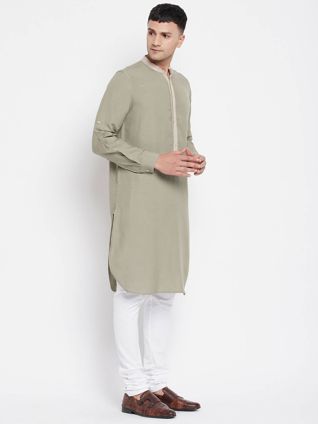 Even Apparels Green Pure Cotton Men's Kurta With Contrast Collar And Placket | Swadesiicart
