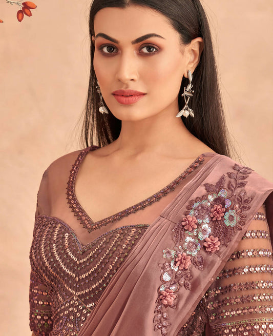 Dark Mauve Satin Embroidered Ready To Wear Saree With Unstitched Blouse Piece - Nandika | Swadesiicart