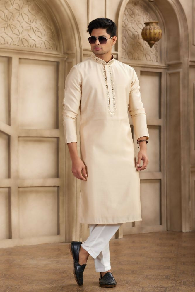 Raivat Ethnic Banarasi Art Silk Mirror Work Kurta Pajama In Beige Colour | Swadesiicart