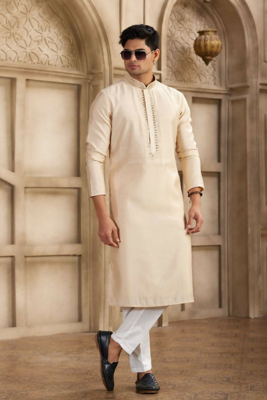 Raivat Ethnic Banarasi Art Silk Mirror Work Kurta Pajama In Beige Colour | Swadesiicart