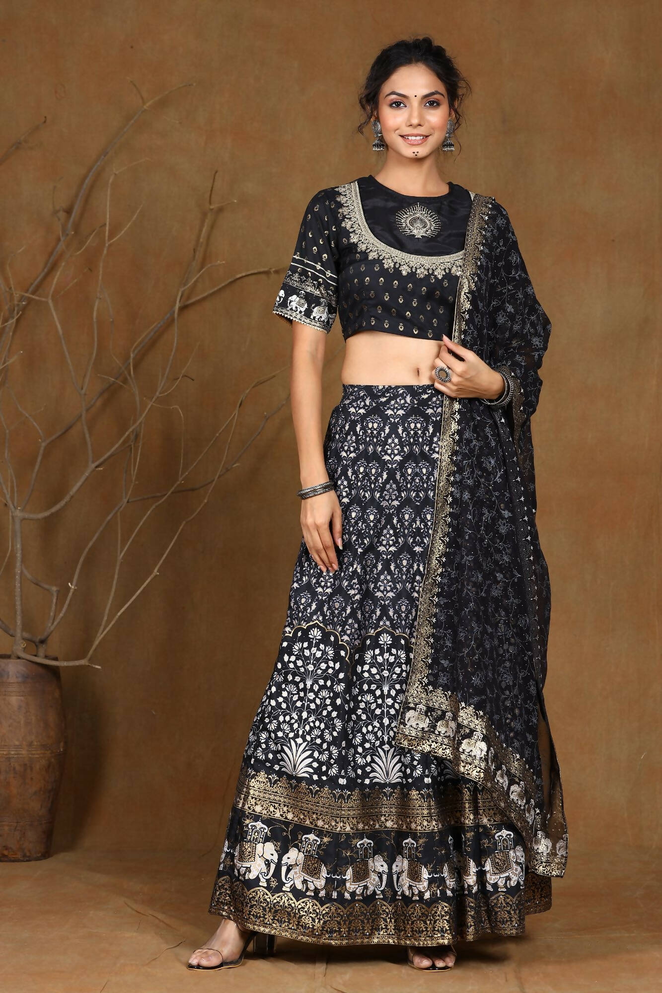 Juniper Women Black Shantoon Embroidered Flared Lehenga Choli Sets | Swadesiicart