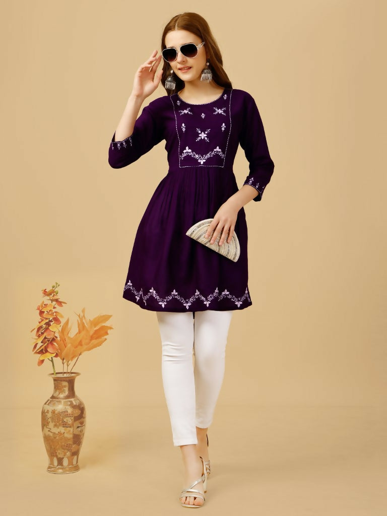 Jyoti Fashion Women's Purple Viscose Rayon Embroidered Casual Top | Swadesiicart