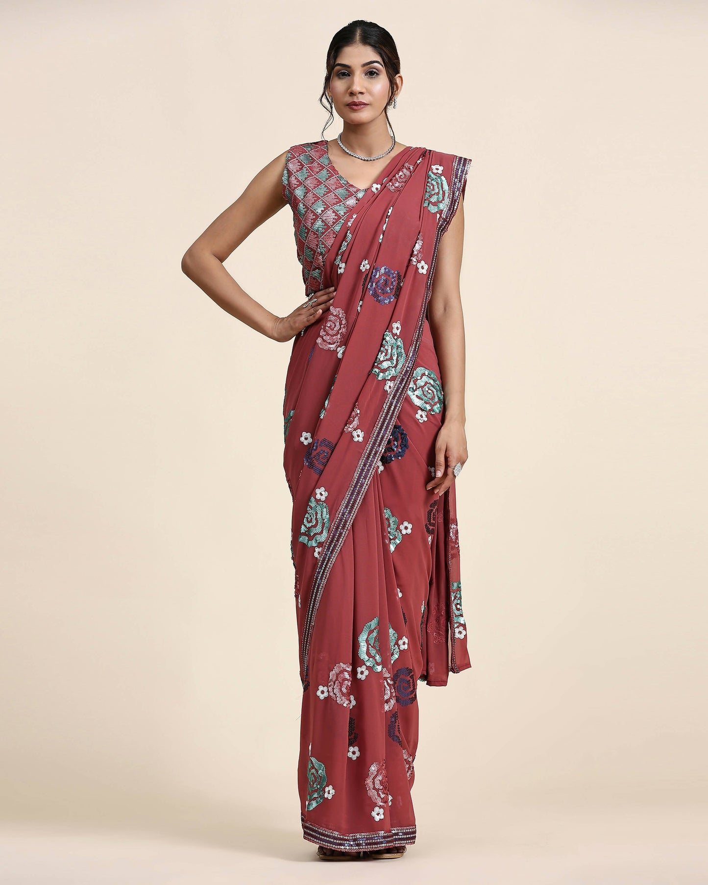 Peach Pure Georgette Sequence work Ready to wear Saree with stitched Blouse - Nirvana | Swadesiicart