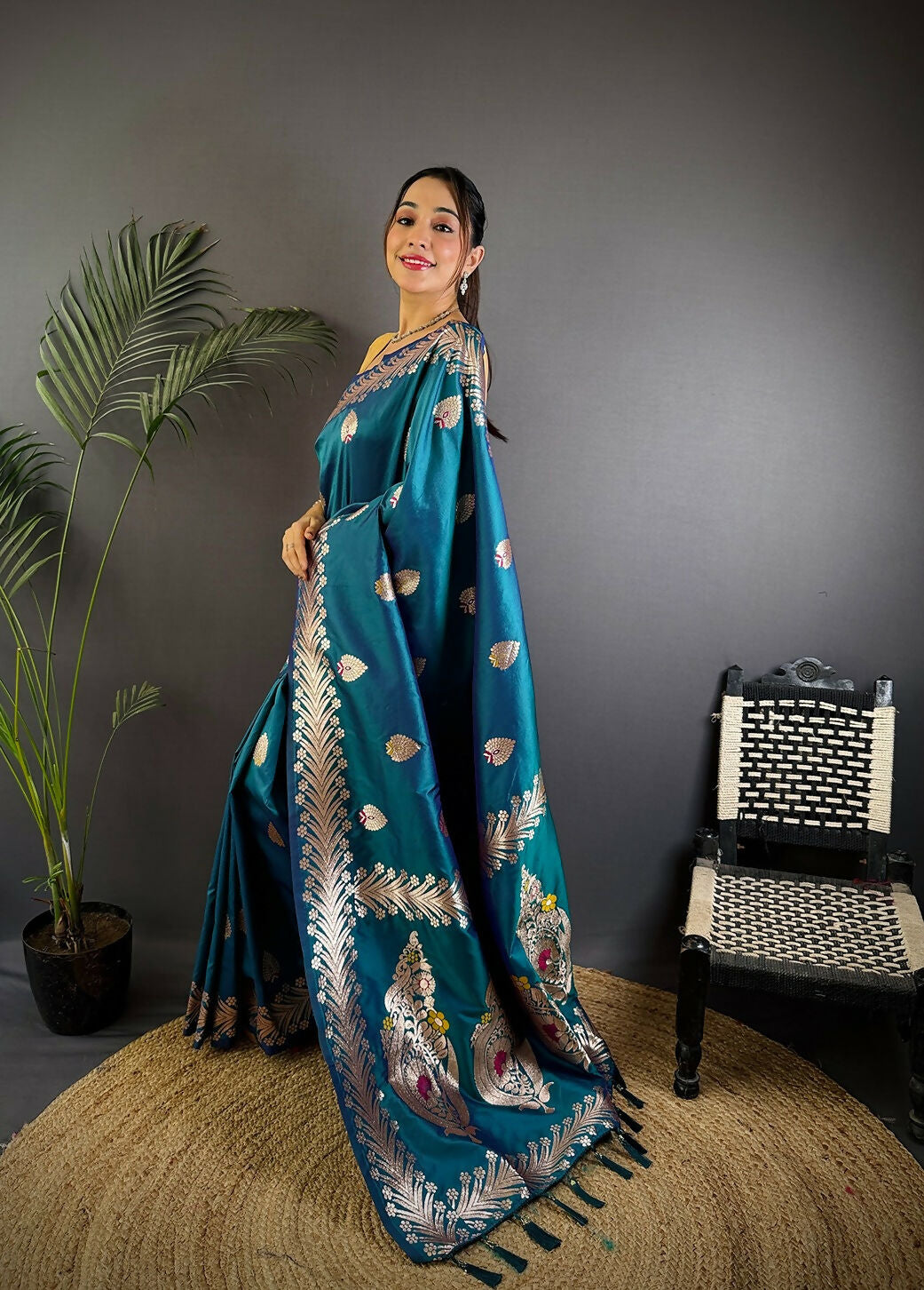 Joban Fashion Banarasi Sea Blue Woven Soft Silk Saree | Swadesiicart