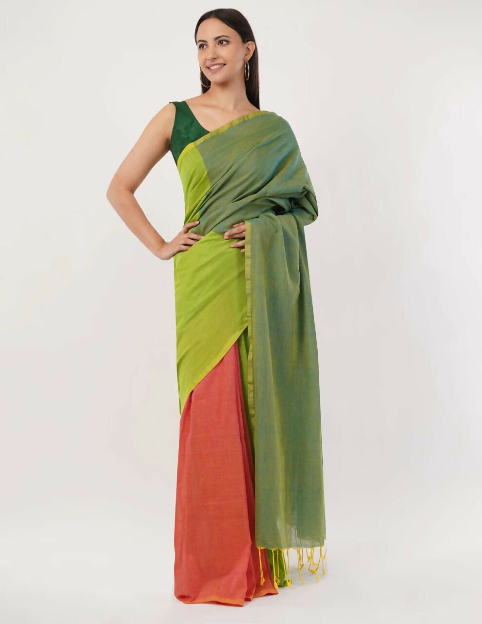 Exclusive Collection Beautiful Khadi Cotton Olive Green Orange Handloom Saree - Swadesiicart